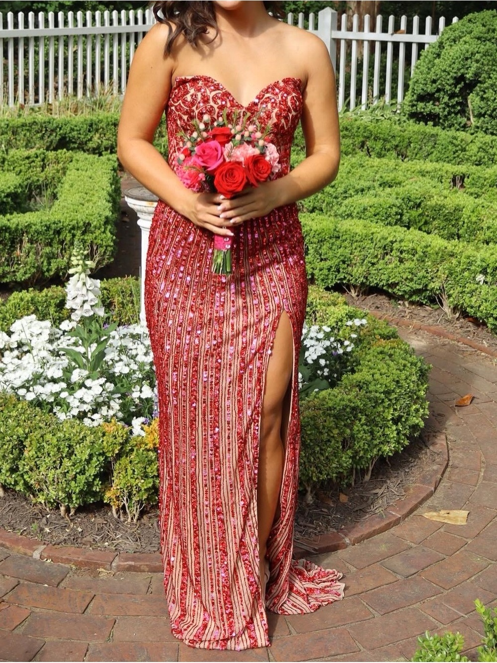 Sherri Hill Red Sequin Strapless Prom Dress with Thigh Slit